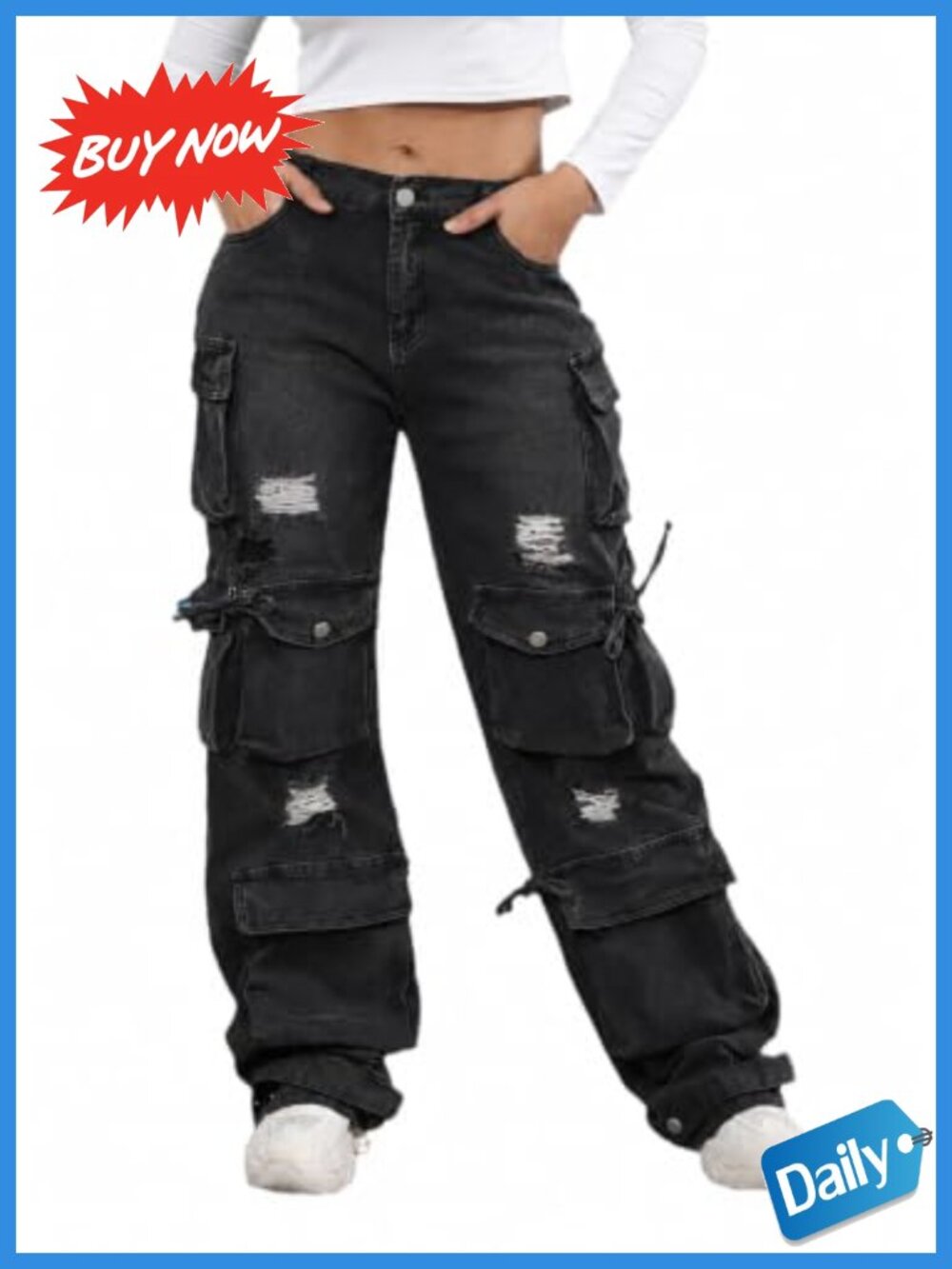 ThusFar High Waist Baggy Cargo Jeans Flap Pocket Wide Leg Denim Pants